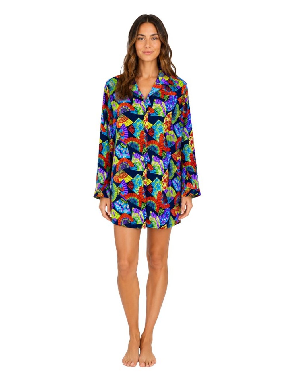 Bechamel Sheer Fan Print Shirt Dress S Bold Maximalist Resort Tunic Top